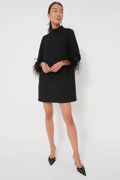 Black Feather Mod Ellie Dress | Tuckernuck Feathered Dress, Black Feather Dress, Feather Cuffs, Mod Mini Dress, Retro Glam, Pearl Accessories, The Mod, Dress Retro, Plus And Minus