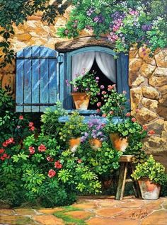 a painting of flowers and potted plants in front of a window with blue shutters