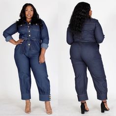 It’s Fall! You’ll Definitely Fall In Love With This Collared ,Button Front Jumpsuit. This Plus Size Jumpsuit Features A Gold Button Detail , Pockets And Waist Belt 97% Cotton 3% Spandex Long Sleeve Denim Jumpsuit With Buttons For Work, Button-up Denim Jumpsuit For Work, Workwear Denim Button-up Jumpsuit With Button Closure, Blue Button-up Jumpsuits And Rompers, Blue Jumpsuits And Rompers For Work With Button Closure, Blue Jumpsuit With Button Closure For Work, Mustard Jumpsuit, Overalls Summer, Flowy Romper