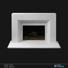 a white fireplace with a black background