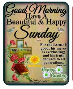 good morning have a beautiful and happy sunday greeting card with flowers, cross and sunflowers