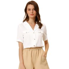 Creates an elegant chic look to your wardrobe with this button-up work shirt. A perfect choice for work or business casual with the classic solid colors of this blouse. The soft and lightweight woven fabric ensures all-day comfort. Suitable for summer and for many occasions, such as office, school, meeting, daily casual wear for your vacation, trip, or indoors. V-neck Workwear Shirt With Pockets, Solid Color Blouse With Button Cuffs For Business Casual, V-neck Shirt With Pockets For Work, Solid Color Shirt For Workwear In Summer, Solid Color Shirt For Summer Workwear, Solid Shirt For Summer Workwear, Solid Summer Workwear Shirt, White Blouse With Lapel Collar For Work, White Lapel Collar Blouse For Work