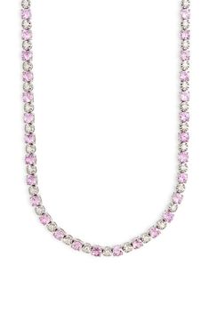 Alternating brilliant diamonds and radiant pink sapphires bring exquisite sparkle to this hand-polished necklace crafted from 14-karat white gold. 16" length; 1/8" width Total pink-sapphire weight: 8.04ct. Total diamond weight: 1.12ct. Color: H Clarity: SI1 14k gold/pink sapphire/diamond Imported >Diamond Guide Luxury Pink Necklace With Brilliant Cut, Dazzling Pink Sapphire Round Cut Jewelry, Luxury Pink Necklaces With Brilliant Cut, Dazzling Oval Pink Sapphire Jewelry, Luxury Pink Necklaces With Diamond Accents, White Gold Pink Sapphire Jewelry With Brilliant Cut, White Gold Brilliant Cut Pink Sapphire Jewelry, White Gold Jewelry With Brilliant Cut Pink Sapphire, Luxury Pink Necklaces With Sparkling Stones