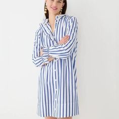 New With Tag J. Crew Cottage Shirtdress In Striped Cotton Poplin Our Favorite Way To Get Dressed In 30 Seconds Or Less: This Easy Shirtdress That Feels As Comfy As It Looks Polished, With Ruffle Details At The Collar And Down The Front. Plus, It's Made With Organic Cotton Straight Silhouette 100% Organic Cotton. Button Closure. Machine Wash Item Bp841 #1388/1324a Striped Long Sleeve Shirt Dress For Daywear, Classic Blue Shirt Dress For Summer, Collared Cotton Shirt Dress For Vacation, White Casual Shirt Dress With Spread Collar, White Cotton Dress With Spread Collar, Orange Midi Dress, Green Shirt Dress, Gold And Black Dress, Red Sleeveless Dress