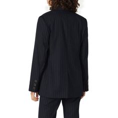 Blue wool (53% Wool, 29% Polyester, 16% Viscose, 2% Elastane). Jacket. Long sleeves. Button closure. Fully lined. Pockets. 27" from shoulder to hemline. Imported. Striped Notch Lapel Blazer With Double Button Closure, Striped Blazer With Double Button Closure And Notch Lapel, Striped Lapel Collar Outerwear With Double Button, Striped Lapel Collar Outerwear With Double Button Closure, Striped Outerwear With Double Button Closure For Business, Striped Suit Collar Blazer For Work, Striped Long-sleeved Wool Blazer, Striped Wool Blazer With Long Sleeves, Classic Striped Button-up Outerwear