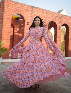 "Premium Readymade Designer Gown-Dupatta Collections* 💃🏼 🥰 *Faux Georgette with unique Flower Print and pure fabric Georgette gown are suitable for Any occasions as well as for casual-wear also it is a great fabric especially for gown Lovers*💗 *#Gownlove*💕                    *Code:- KA-1012*  Gown:- 👉🏻 *Fabrics & Work :-* Faux Georgette With Rich Flower Digital Print work 👉🏻 *Size :-* *S(36\"),M(38\"),L(40\"),XL(42\"),XXL(44\")* 👉🏻 *Sleeves :-* Full sleeves 👉🏻 *Length :-* 56 Inch 👉🏻 *Flair :-* 8 Meter 👉🏻 *Lining(Inner) :-* Crepe silk (full upto bottom)   👉🏻 *Dupatta:- 👉🏻 *Dupatta Fabric :-* Georgette with Flower rich digital Print 👉🏻 *Dupatta Length :-* 2.25 Meter 👉🏻 *Belt* : Fancy Belt  👉🏻 *Package Contains:-* Gown, Dupatta, Belt 👉🏻 *Weight : 0.800 kg*" Anarkali Long Dress With Dabka, Pink Dabka Gown For Reception, Pink Gown With Dabka For Reception, Pink Flowy Georgette Maxi Dress, Flowy Pink Georgette Maxi Dress, Pink Reception Gown With Dabka Embroidery, Flowy Maxi Dress For Wedding And Festive Occasions, Flowy Maxi Dress For Wedding Festivities, Festive Flowy Maxi Dress For Wedding