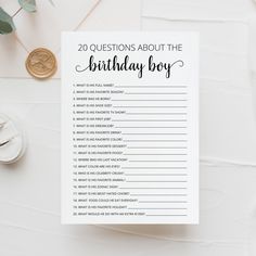 a printable birthday boy question card on top of a table