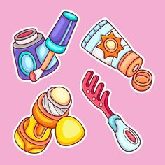 various items are shown on a pink background, including scissors and other things to be used in the game