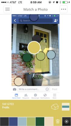 a yellow door and some pots with plants