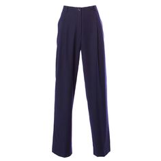 Vintage Valentino pleated trousers with side pockets and a high waist. Classic and elegant. Details: Unlined Side Pockets Front Button and Zip Closure Marked Size: 12/ 46 Color: Navy Blue Fabric: Wool Label: Valentino/ Miss V Measurements: Waist: 30" Hips: Up To 44" Front Rise: 13" Back Rise: 16" Inseam: 30" Total Length: 42" Leather Trousers Women, Blue Pants Men, Valentino Vintage, Dark Blue Suit, Dark Blue Pants, Zara Trousers, Navy Blue Dress Pants, Pleated Pant, Elegant Pant