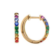 These beautiful hoop earrings feature natural gemstones in every color of the rainbow. They’re crafted in warm 14-karat yellow gold with a hinge back that’s secure while still being easy to take on and off. Yellow Gold Gemstone Huggie Earrings, Elegant Rainbow Hoop Earrings, Elegant Multicolor Huggie Jewelry, Yellow Gold Multi-stone Hoop Earrings, Yellow Gold Multi-stone Hoop Earrings Fine Jewelry, Elegant Multicolor Huggie Earrings, Elegant Rainbow Hoop Jewelry, Elegant Rainbow Colored Hoop Jewelry, Rainbow Gemstones