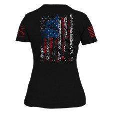 Proudly display the red, white, and blue with the Grunt Style\u00ae Freedom Flag Short-Sleeve Tee for Ladies. It showcases a distressed eagle-silhouette graphic on the right chest and a large, distressed American flag graphic on the back. There's also a smaller American flag on one sleeve and a Grunt Style logo on the other for even more patriotic flair. Soft 100% combed, ringspun cotton keeps you comfortable no matter where the day takes you. Smooth tagless neck label provides an itch-free fit. Black Cotton Tops With American Flag Print, Casual Black Top With Flag Print, Patriotic Black Top With Flag Print, Casual Black Shirt With American Flag Print, Patriotic Black Crew Neck Shirt, Black Patriotic Crew Neck Shirt, Fitted Flag Print Short Sleeve Tops, Black Crew Neck Patriotic Shirt, Fitted Patriotic Short Sleeve Tops