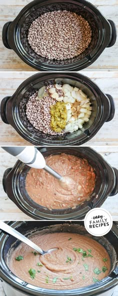 three different bowls filled with beans and other foods