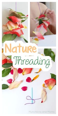 the cover of nature threading with flowers and leaves on it, in three different pictures