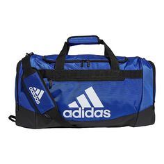 "This adidas Defender IV medium duffel bag is tough enough to keep up with your busy schedule. This adidas Defender IV medium duffel bag is tough enough to keep up with your busy schedule. Water-resistant Durable material built to stand up to wear and tear Extra roomy main compartment that stands tall for easy packing 2 zippered end pockets with space for your team's branding and a zippered outside pocket to stash the little stuff Padded removable shoulder strap and comfortable haul handles for Gym Flooring, Duffel Bags, Large Backpack, Blue Adidas, Adidas Online, Perfect Bag, Medium Bags, Duffel Bag, Travel Luggage