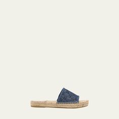 Gucci "Pilar" GG monogram denim cotton espadrille sandals Flat braided-jute heel Open toe Wide band upper Slide style Rubber outsole Made in Italy Gucci Open Toe Espadrilles For Vacation, Gucci Casual Espadrilles For Vacation, Casual Gucci Espadrilles For Vacation, Casual Jute Espadrilles With Woven Details, Casual Woven Jute Espadrilles, Designer Espadrilles With Woven Sole For Vacation, Designer Sandals With Woven Straw Sole, Casual Gucci Espadrilles For Spring, Gucci Casual Round Toe Espadrilles