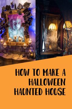 a halloween themed house with candles and pictures on the wall, and text overlay reads how to make a halloween - themed house