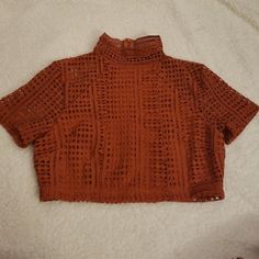 High Necked Orange Crop Top With Lace Detail. There Is A Back Zipper Cropped Lace Top For Fall, Fall Fitted Crochet Top With Short Sleeves, Fitted Short Sleeve Crochet Top For Fall, Fitted Crochet Top With Short Sleeves For Fall, Brown Short Sleeve Crop Top For Fall, Fitted Brown Open Knit Tops, Brown Open Knit Crew Neck Top, Orange Crop Top, Crochet Shirt