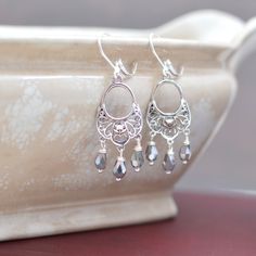 Silver Star Filigree Chandelier Earrings with Silver Crystal Teardrops Chapel Hill Nc, Filigree Jewelry, Filigree Earrings, Teardrop Beads, Chapel Hill, Silver Art, Silver Crystal, Lovely Jewellery, Silver Filigree