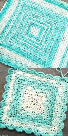 two crocheted squares sitting next to each other on top of a wooden table