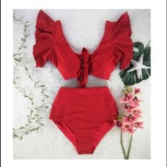 Two-Piece Swimsuit High Size Size L Red Fitted Holiday Swimwear, Red Fitted Swimwear For Holiday, Fitted Red Swimwear For Holiday, Red Party Swimwear For Spring, Elegant Red Swimwear For Beach Season, Elegant Fitted Red Swimwear, Simple Swimsuit, Ruffle Bathing Suit, Boho Beach Dress