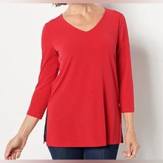 Fabrication: Liquid Knit: Soft, Flattering Knit With A Smooth Feel And Fluid Drape Features: V-Neckline, 3/4-Length Sleeves, Side Slits Fit: Semi-Fitted; Follows The Lines Of The Body With Added Wearing Ease Length: Petite Missy Length 25-1/2" To 27-5/8"; Petite Plus Length 28" To 31-1/2" Content: 95% Polyester/5% Spandex Care: Machine Wash, Tumble Dry Imported Red Knit V-neck Top, Red V-neck Top For Layering, Elegant Red Knit Top, Red Knit Top For Layering, Simply Red, Susan Graver, Knit Tunic, Tumble Dryer, Length Sleeve