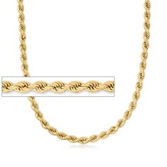 Ross-Simons - 6mm 18kt Gold Over Sterling Rope Chain Necklace. 16". A jewelry box must-have at a great price! This 6mm rope chain necklace is handcrafted in 18kt yellow gold over sterling silver with a glittering polished finish. Wear it solo or with a favorite pendant of your own. Lobster clasp, 18kt gold over sterling rope chain necklace. Rope Chain Necklace, Fine Jewelery, Fine Jewellery Necklace, Rope Chain, Chains Jewelry, Lobster Clasp, Jewelry Box, Chain Necklace, Fine Jewelry