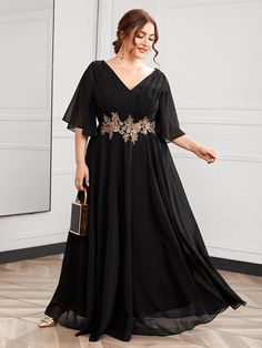 Plus Butterfly Sleeve Appliques Maxi Prom Dress | EMERY ROSE Moda Festa Plus Size, Maxi Prom Dress, Dark Green Dress, Prom Dress Plus Size, Plus Size Party Dresses, Chiffon Floral, Evening Dresses Plus Size, Butterfly Sleeve, Maxi Dress Prom