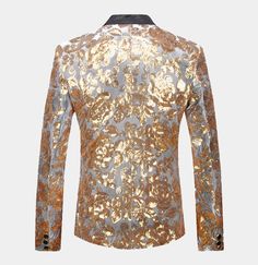 If you are looking for something unique to wear, this stunning silver and gold tuxedo jacket will have all eyes on you the minute you enter the room. Wrap yourself in the luxury of silver velvet and eye-catching gold sequins without emptying your wallet. This unique sequin blazer shows off your sophisticated sense of style and sets you apart from those around you. This single-breasted silver and gold dinner jacket is expertly handcrafted with high-quality velvet and sequins. It is a slim fit gar Luxury Gold Evening Blazer, Luxury Gold Blazer For Formal Occasions, Tailored Gold Suits For Evening, Gold Elegant Party Suits, Elegant Gold Blazer For Festive Occasions, Elegant Gold Blazer For Festive Season, Gold Luxury Long Sleeve Blazer, Elegant Gold Party Suit, Fitted Gold Suit For Holiday