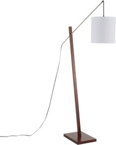 a lamp with a wooden base and a white shade on the top, sitting next to a light bulb