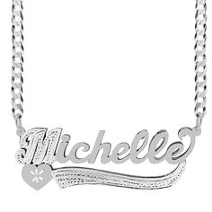 Our Personalized Double plated name necklace "Michelle" can be your next treat. The first letter is filled with beading and is available in Sterling Silver and Gold over Sterling Silver. The name can be personalized with a name of up to 10 characters (Letters only, NO numbers, or special characters). Customizable with using letters. Customizable Nameplate Charm Necklaces, Customized Silver Heart Necklace, Custom Silver Heart Necklace, Heart-shaped Name Necklace As Personalized Gift, Silver Initial Pendant Name Necklace, Mother's Day White Gold Name Necklaces, Silver Name Necklace With Heart Pendant For Birthday, Custom Name Heart-shaped Silver Necklace, White Gold Nameplate Necklace With Names