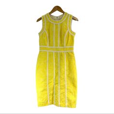 CALVIN KLEIN yellow and white sleeveless sheath dress  Size 4 Scoop Neckline  Textured fabric in polyester/rayon and spandex  Lined polyester with white trim.  Zipper back A Classic for Summer  Like new Sleeveless Sheath Dress, White Sleeveless, White Trim, Textured Fabric, Houston Tx, Scoop Neckline, Sheath Dress, Timeless Fashion, Houston