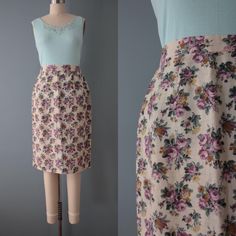 Vintage romantic cottagecore designer mini tulip skirt. Featuring beautiful autumnal roses on beige background. High banded waist, zipper and button closure. Made by Jane Singer Circa 1970s Fits like small: 28" waist 40" hips 26" length In excellent condition! Spring Vintage Fashion Fitted Skirt, Fitted Skirt For Spring Vintage Fashion, Fitted Vintage Fashion Skirt For Spring, Vintage Beige Mini Skirt, Vintage Skirt For Garden Party, Vintage Fitted Skirt For Spring, Fitted Vintage Skirt For Spring, Vintage Lined Pencil Skirt For Spring, Vintage Pencil Skirt For Spring