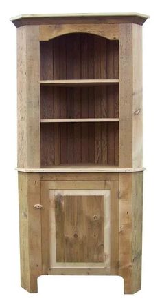 a wooden cabinet with two doors and shelves