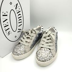 These Cute Sneakers In Pewter/Zebra Color Offer Fun, Girly And Versatile Style. Silver Glitter Lends Delicate Sparkle Effect Lace Closure Padded Insoles All Manmade New In Box Trendy Spring Sneakers With Glitter Print, Trendy Glitter Print Sneakers For Spring, Spring Low-top Glitter Print Sneakers, Spring Low-top Sneakers With Glitter Print, Spring Lace-up Sneakers With Glitter Print, Spring Glitter Print Lace-up Sneakers, Sparkle Shoes, Cute Sneakers, Madden Girl