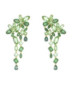 Swarovski Gema Green Crystal Flower Clip On Chandelier Earrings in Gold Tone Different Shades Of Green, Hanging Earrings, Flower Clip, Swarovski Earrings, Swarovski Jewelry, Crystal Flower, Stone Cuts, Green Crystals, Color Oro