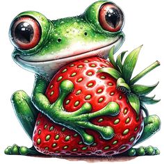 a frog sitting on top of a strawberry