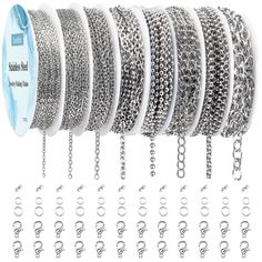 PRICES MAY VARY. Complete Kit: Total 62.3 feet 8 rolls stainless steel necklace chains, with 100pcs 5mm stainless steel jump rings,100pcs 6mm stainless steel jump rings,30pcs stainless steel lobster clasps for decorative chain jewelry making. Complete accessories kit can make many beautiful jewelry chains 8 Different Types: The selection of different styles is very suitable for DIY gift projects such as necklace chains, tassel chain pendants, earrings chains, bracelets chains, body chain jewelry Jewelry Chain Types, Chain Necklace Diy, Stainless Bracelet, Diy Pendant Necklace, Jewelry Chains, Jewelry Making Kits, Jewelry Chain, Body Chain Jewelry, Steel Necklace