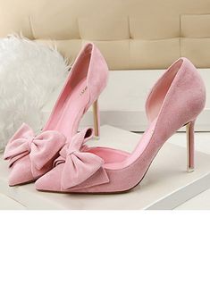 Women's Suede Stiletto Heel Closed Toe Pumps With Bowknot (047109372) - JJ's House Odd Dresses, Pink Closed Toe Heels, Colorful Shoes Heels, Soft Pink Heels, Closed Heels, Dream Heels, Pink Stiletto Heels, Heels Closed Toe, Pink Stilettos