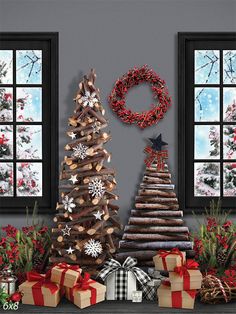 Rustic Christmas Log Tree Photography Backdrop - Rustic log Christmas trees with snowflakes and holiday decorations in front of frosted windows Winter Windows, Windows Photo, Portable Backdrop, Christmas Log, Wreath Hanging, Winter Window, Christmas Portraits, Frosted Windows, Paper Backdrop