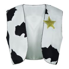 a cow print vest with a gold star on the front and black spots on the back