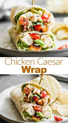 chicken caesar wrap with lettuce, tomatoes and other ingredients on a white plate