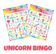 two unicorn bingo game cards with the words unicorn and unicorn on them, in rainbow colors