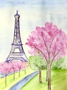 a drawing of the eiffel tower in paris, france with trees and flowers