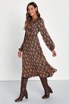 Black and Orange Floral Dress - Long Sleeve Dress - Midi Dress - Lulus Silk V-neck Dress For Fall, Chic V-neck Satin Dress For Fall, Satin Floral Print Maxi Dress For Date Night, Floral Satin Maxi Dress For Date Night, Fall Satin Midi-length Dress, Fall Satin Midi Dress, Satin Midi Dress For Fall, Fall Satin Midi Dress For Date Night, Black Satin Dress For Fall