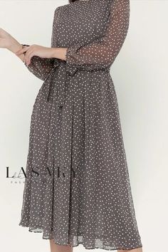 Lasaky - Exquisite Long-Sleeved Chiffon Dress with Elegant Black Polka Dot Lace Embroidery Elegant Flowy Polka Dot Dress, Polka Dot Chiffon Long Sleeve Dress, Long Sleeve Chiffon Dress With Polka Dots, Polka Dot Long Sleeve Chiffon Dress, Chic Long Sleeve Georgette Dresses, Vestido Midi Outfit, Black Long Sleeve Georgette Dress, Midi Outfit, Top Spring Outfits