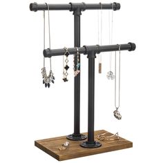 PRICES MAY VARY. 2 tier jewelry display stand with metal pipe t-bars and brown wood base **Some assembly required** Top bar can hold most opera-length necklaces (30 inches) or shorter, bottom bar great for hanging bracelets and watches **Jewelry not included** Occupies minimal space on a dresser, table or counter top Rugged metal pipes and wood base provide striking contrast for lustrous jewelry SPECS: Overall - 12.0 W x 6.75 D x 17.25 H; Base - 9.75 W x 6.75 D x 0.75 H; Small Tier - 9.75 H; Lar Rustic Jewelry Display, Jewelry Organizer Stand, Dresser Table, Countertop Surfaces, Black Industrial, Urban Rustic, Jewelry Rack, Bar Jewelry, Jewelry Display Stands