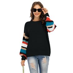 Black Splice Multicolor Stripe Long Sleeve Sweater Black Sweater With Striped Sleeves For Fall, Black Striped Sleeve Sweater For Fall, Black Sweater With Striped Long Sleeves, Black Long Sleeve Sweater With Striped Sleeves, Black Sweater With Striped Sleeves For Winter, Black Patchwork Crew Neck Sweater, Black Crew Neck Sweater With Patchwork, Casual Black Sweater With Striped Sleeves, Black Patchwork Sweater For Spring