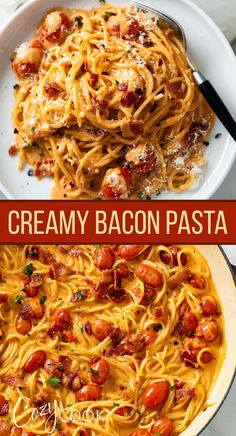 creamy bacon pasta with tomatoes and parmesan cheese is an easy dinner recipe that's ready in less than 30 minutes