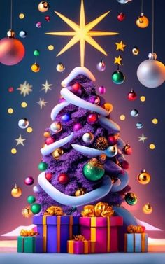 a purple christmas tree with presents under it and stars above the top, on a blue background